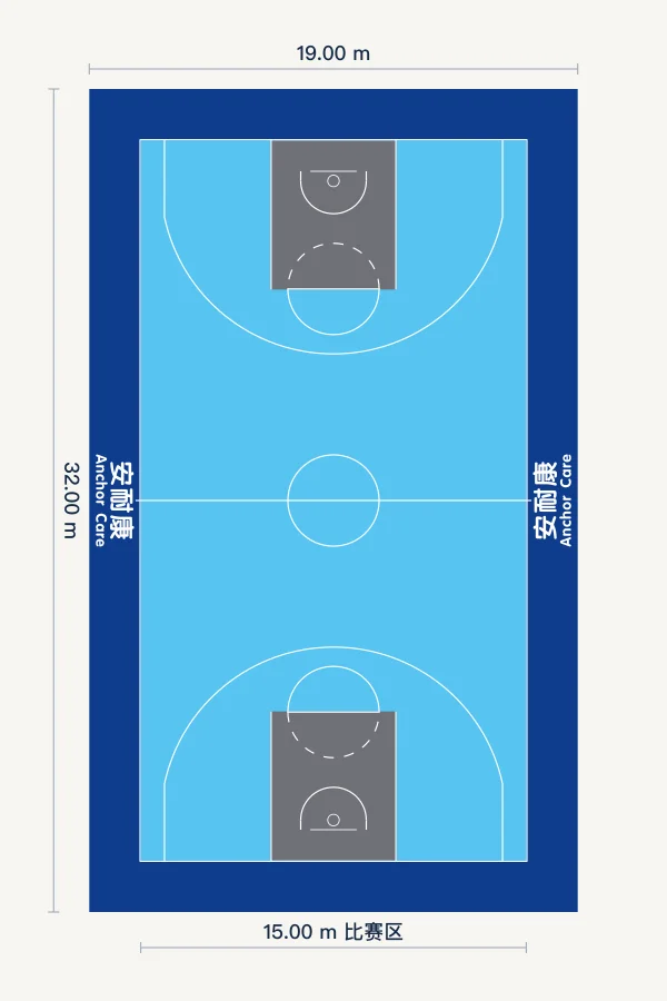 天空银灰配色，32×19米铺装，含比赛区尺寸