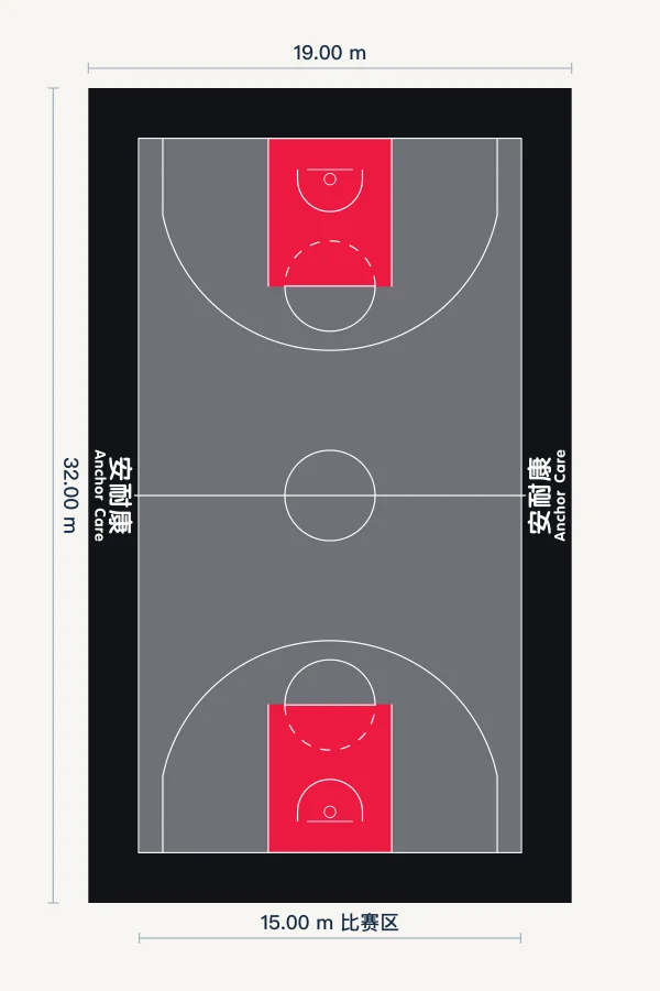银灰红区配色，32×19米铺装，含比赛区尺寸
