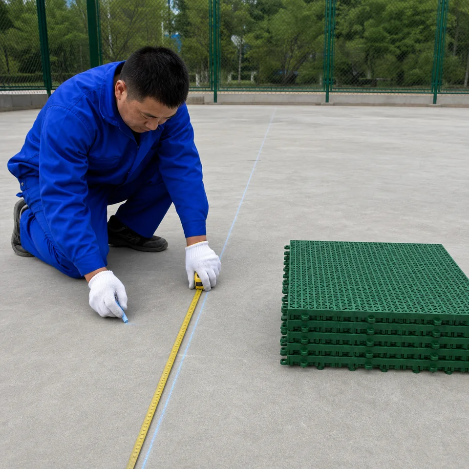 施工人员用卷尺和辅助线确认悬浮拼装地板起铺方向